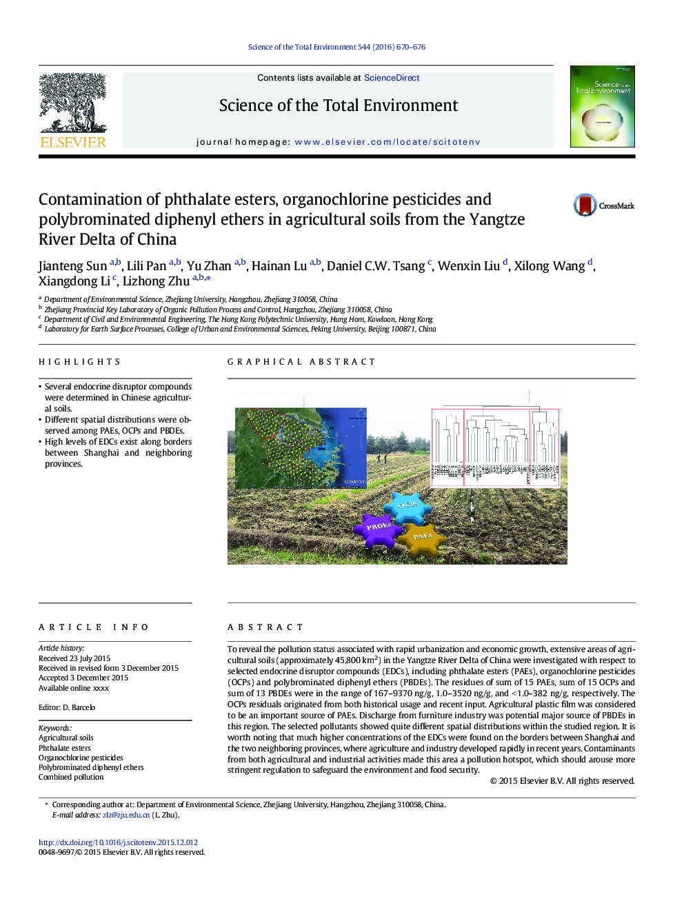 Contamination of phthalate esters, organochlorine pesticides and polybrominated diphenyl ethers in agricultural soils from the Yangtze River Delta of China