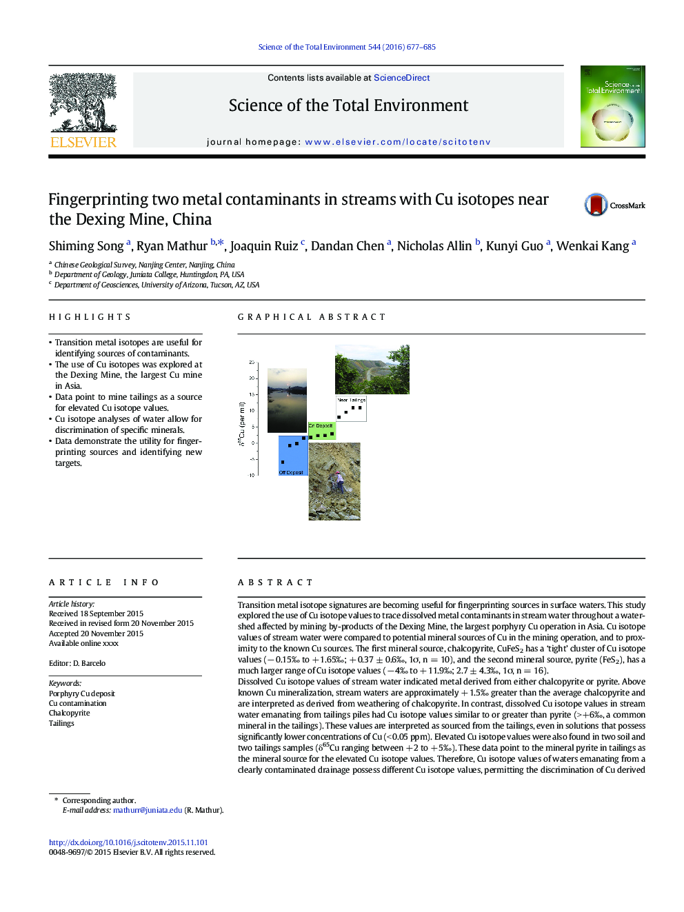 Fingerprinting two metal contaminants in streams with Cu isotopes near the Dexing Mine, China