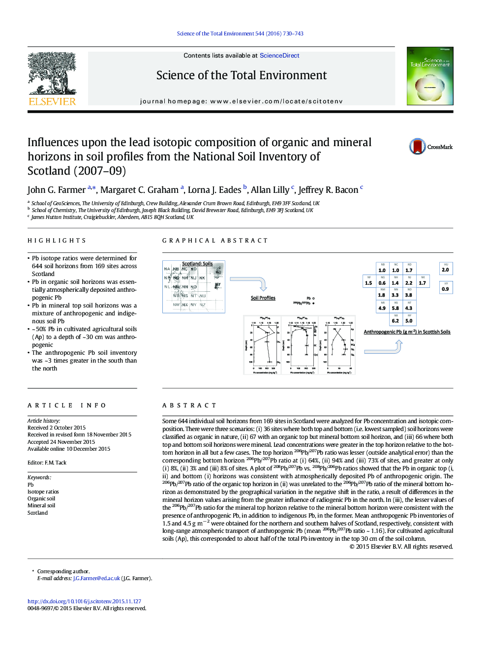 Influences upon the lead isotopic composition of organic and mineral horizons in soil profiles from the National Soil Inventory of Scotland (2007-09)