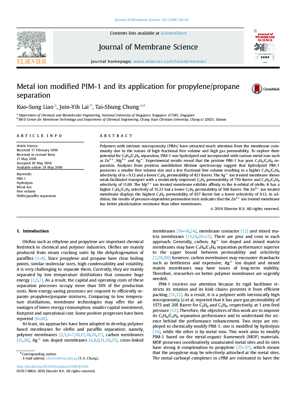 Metal ion modified PIM-1 and its application for propylene/propane separation