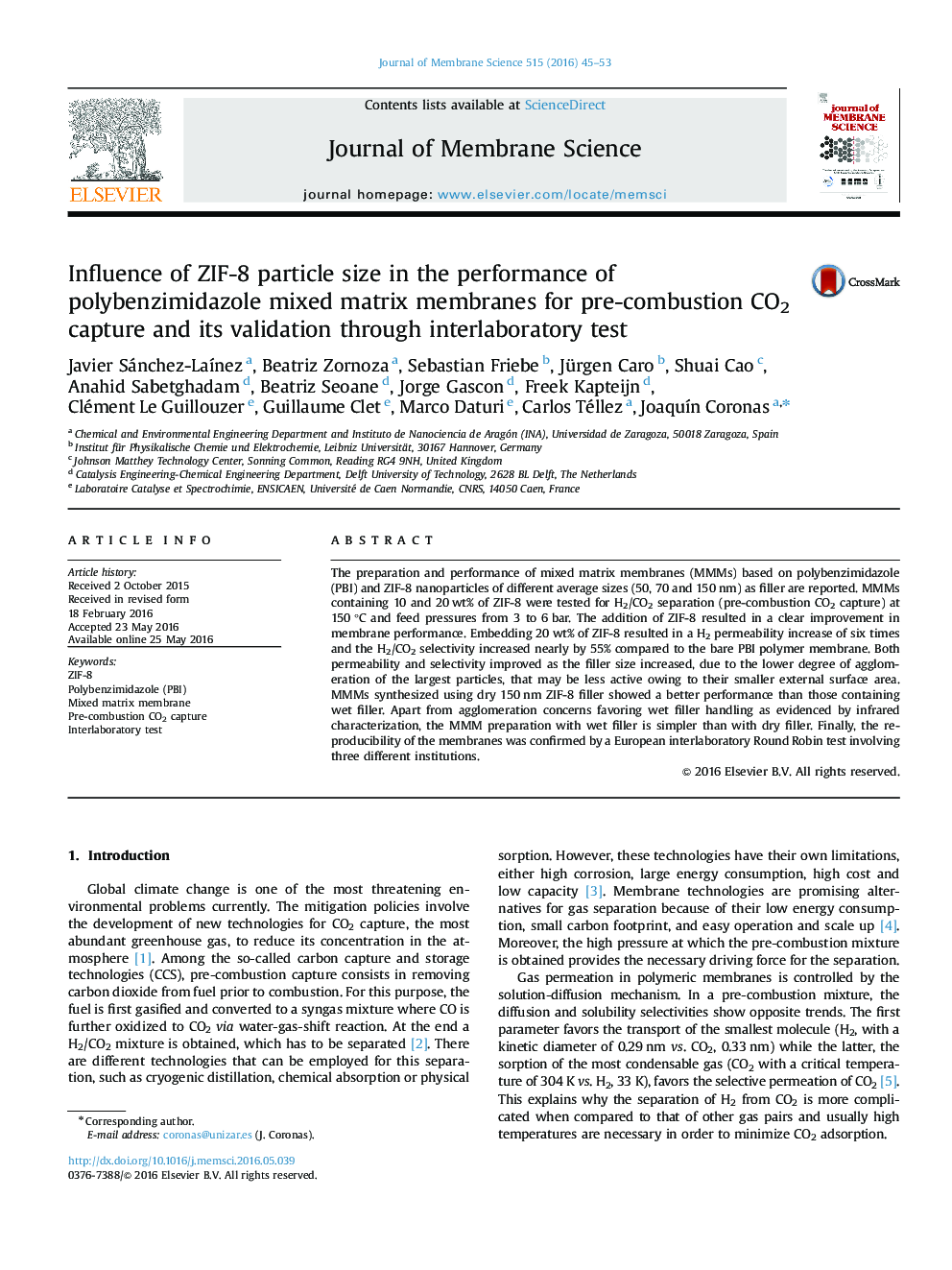 Influence of ZIF-8 particle size in the performance of polybenzimidazole mixed matrix membranes for pre-combustion CO2 capture and its validation through interlaboratory test