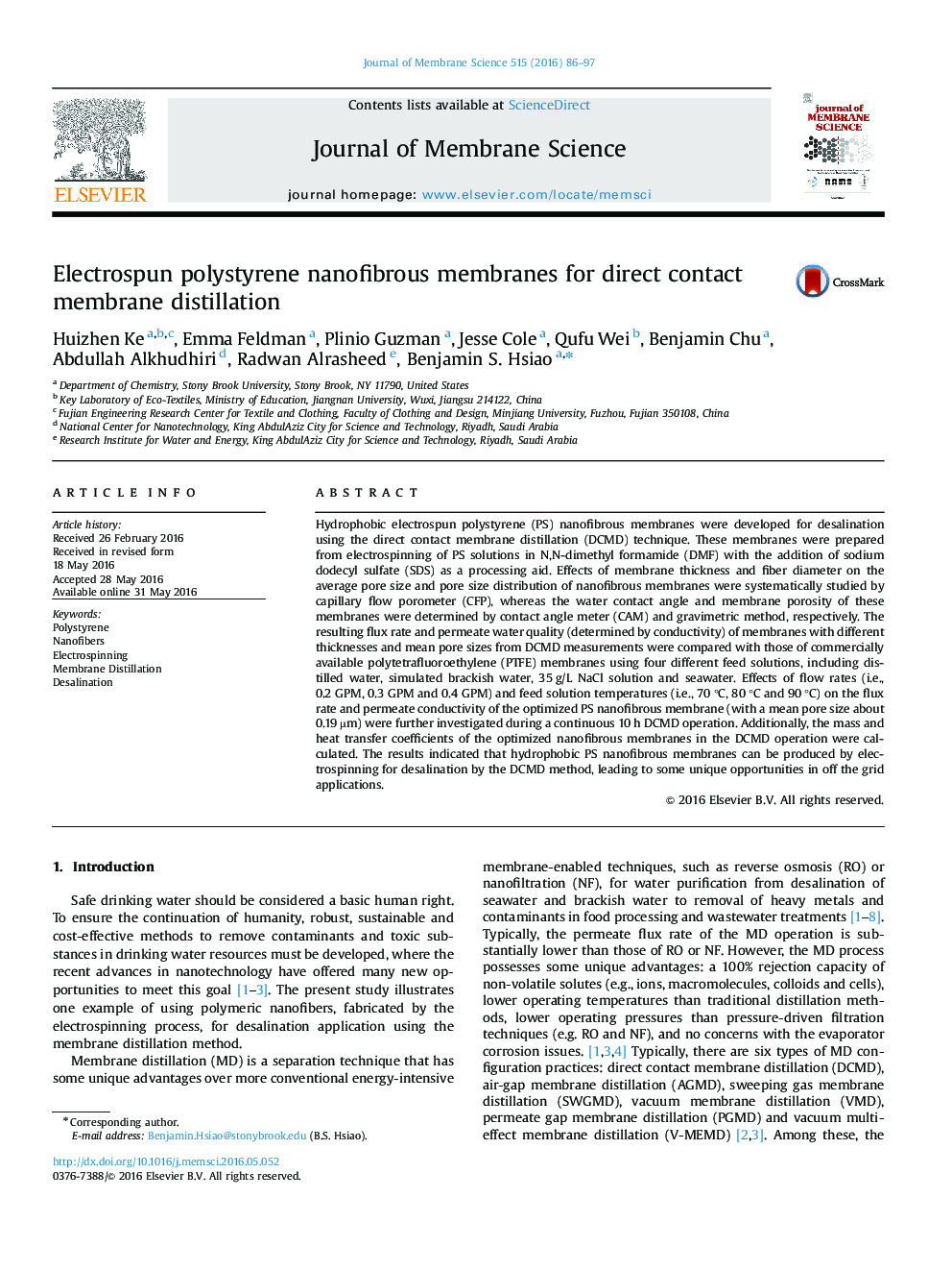 Electrospun polystyrene nanofibrous membranes for direct contact membrane distillation