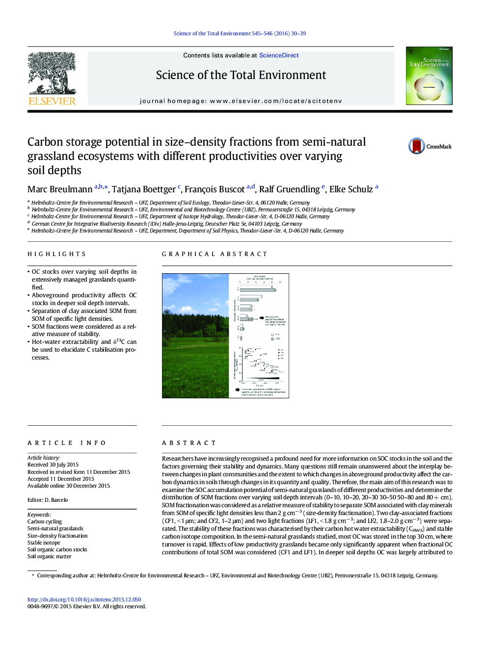 Carbon storage potential in size-density fractions from semi-natural grassland ecosystems with different productivities over varying soil depths
