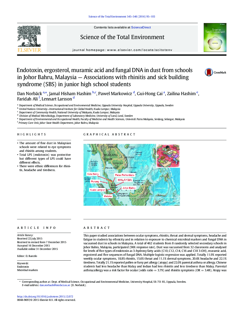 Endotoxin, ergosterol, muramic acid and fungal DNA in dust from schools in Johor Bahru, Malaysia - Associations with rhinitis and sick building syndrome (SBS) in junior high school students