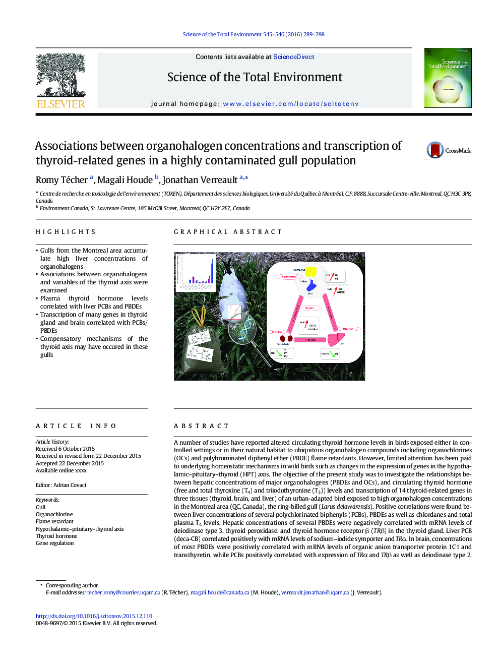 Associations between organohalogen concentrations and transcription of thyroid-related genes in a highly contaminated gull population