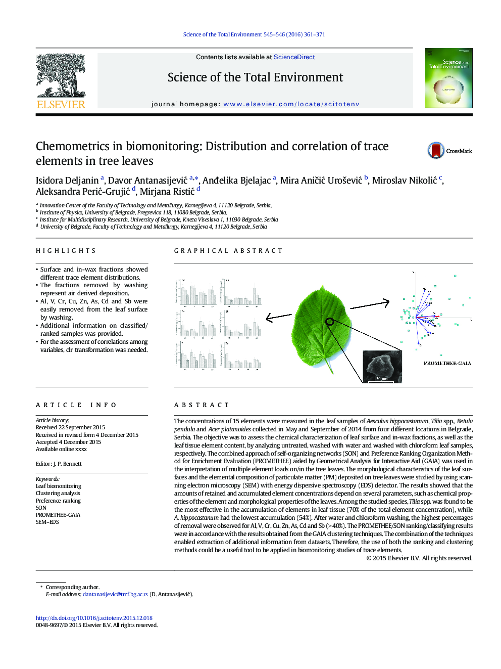 Chemometrics in biomonitoring: Distribution and correlation of trace elements in tree leaves