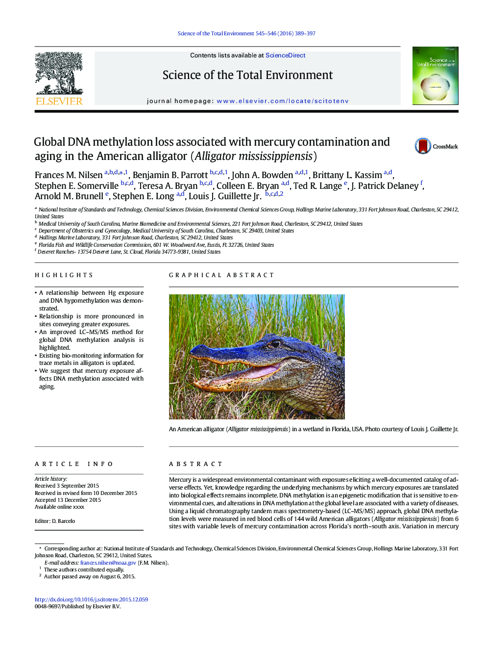 Global DNA methylation loss associated with mercury contamination and aging in the American alligator (Alligator mississippiensis)