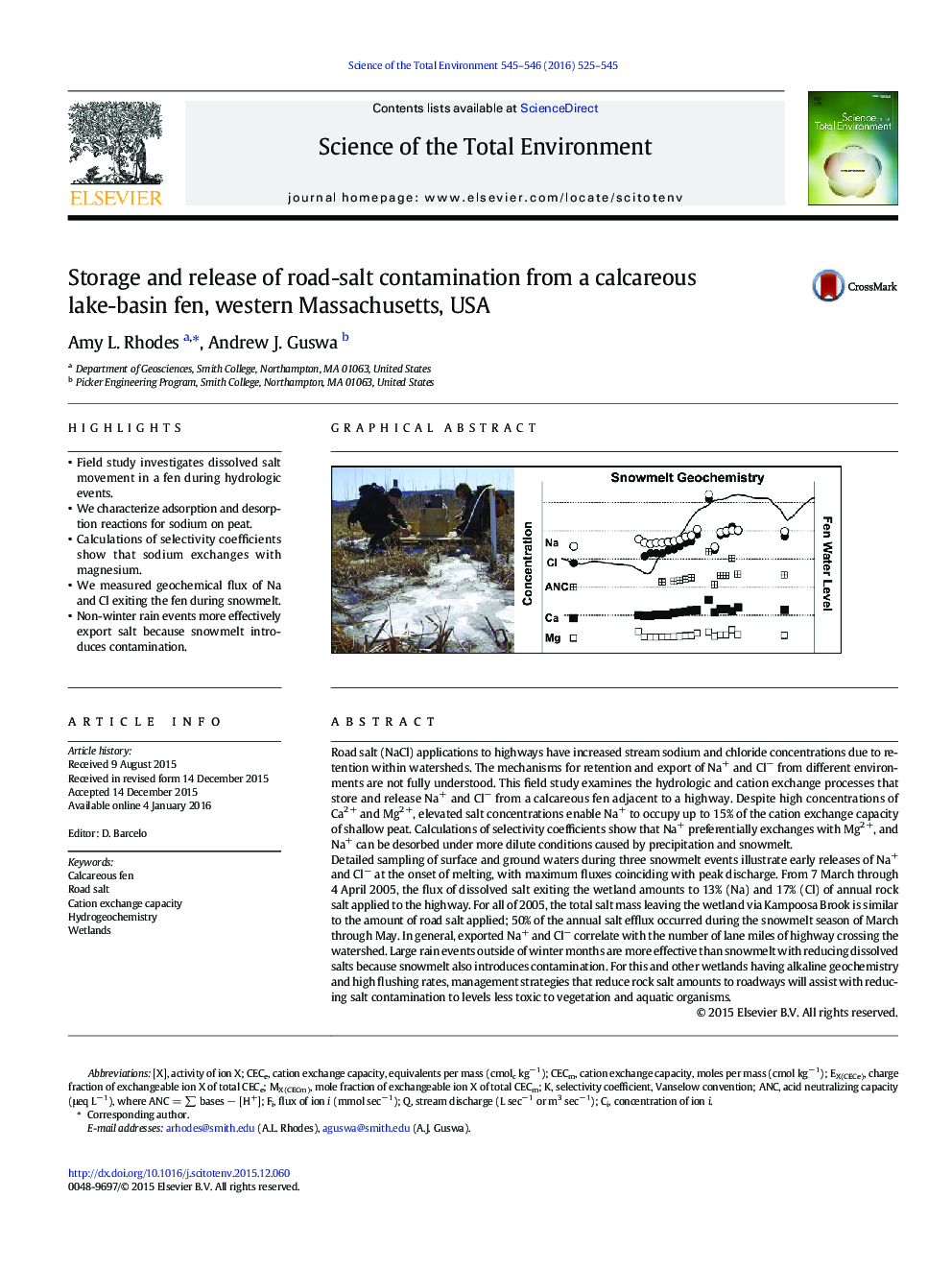 Storage and release of road-salt contamination from a calcareous lake-basin fen, western Massachusetts, USA