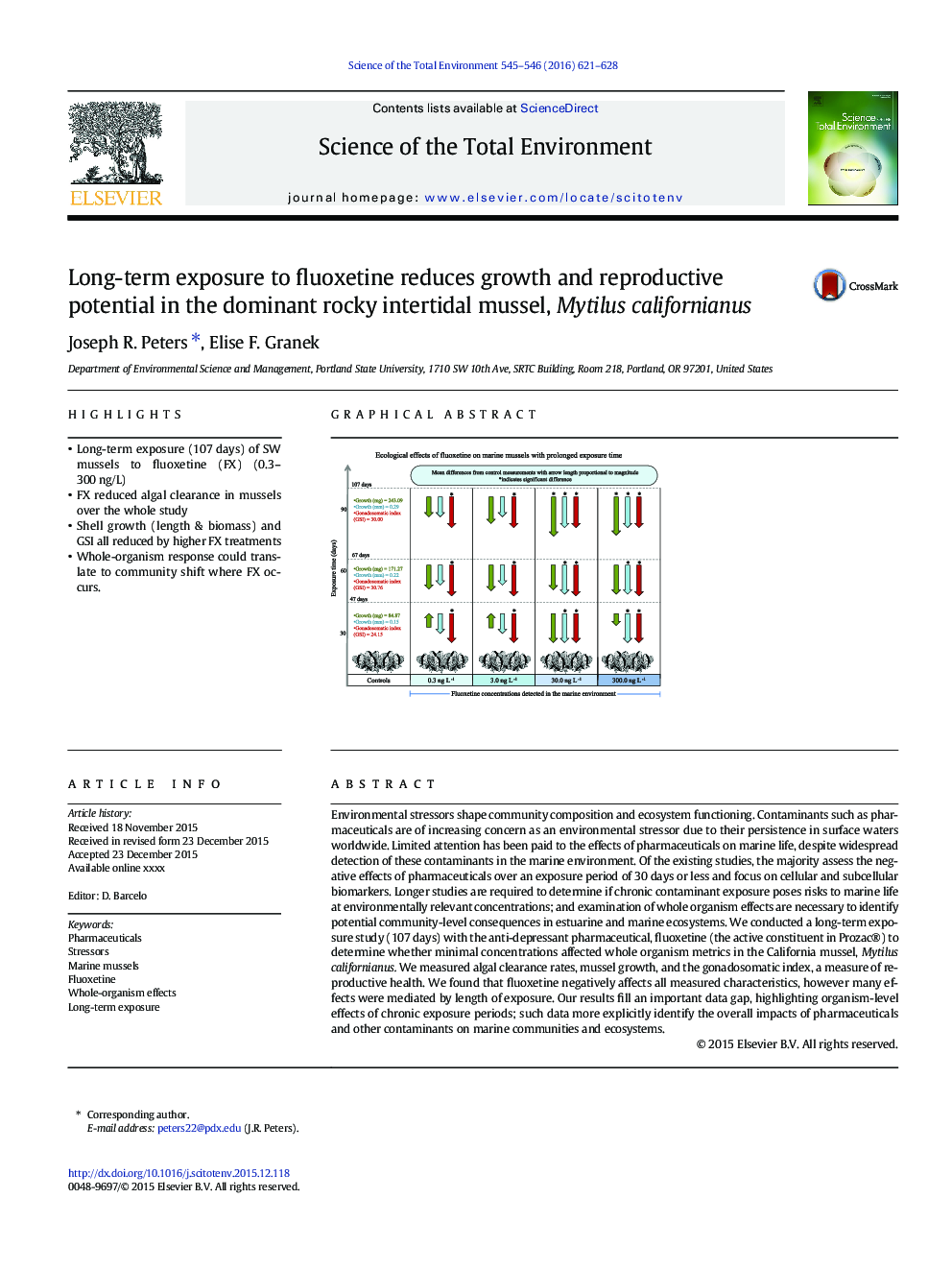 Long-term exposure to fluoxetine reduces growth and reproductive potential in the dominant rocky intertidal mussel, Mytilus californianus