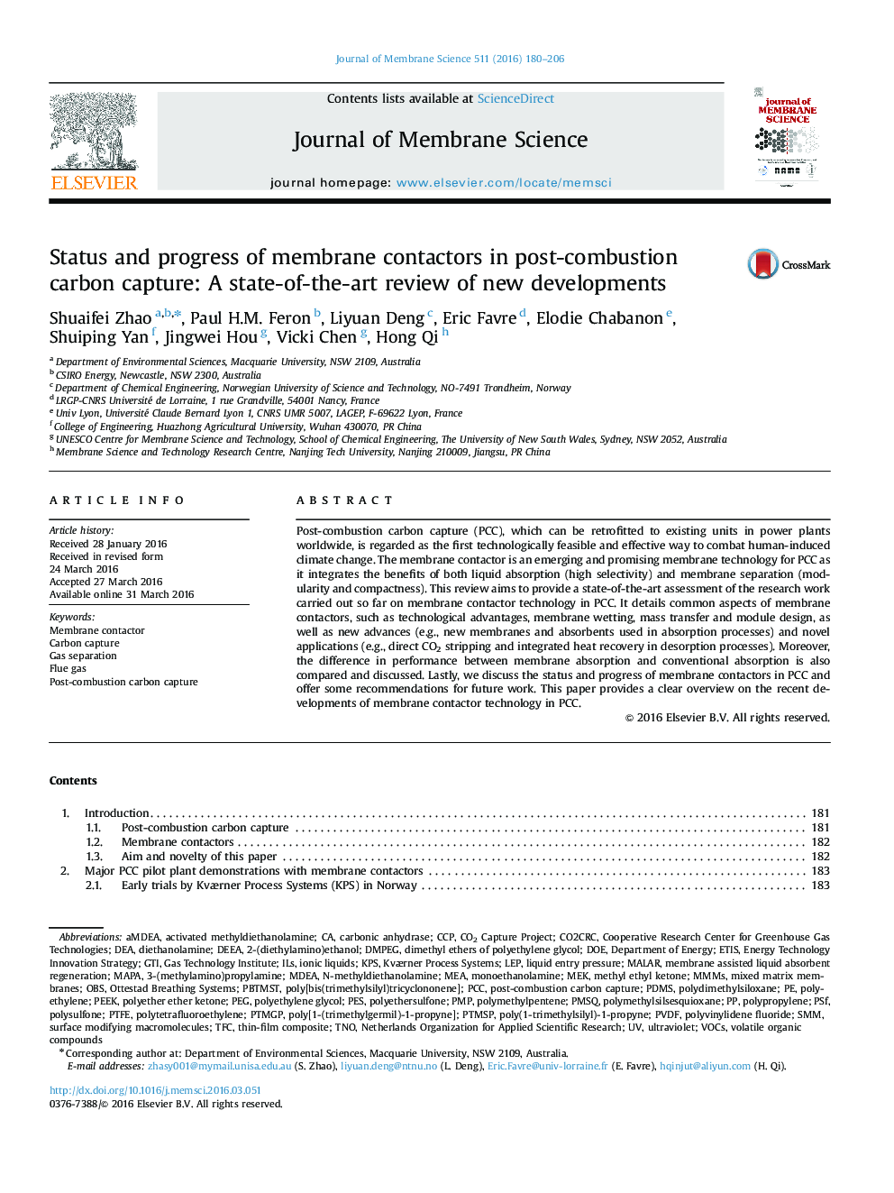 Status and progress of membrane contactors in post-combustion carbon capture: A state-of-the-art review of new developments