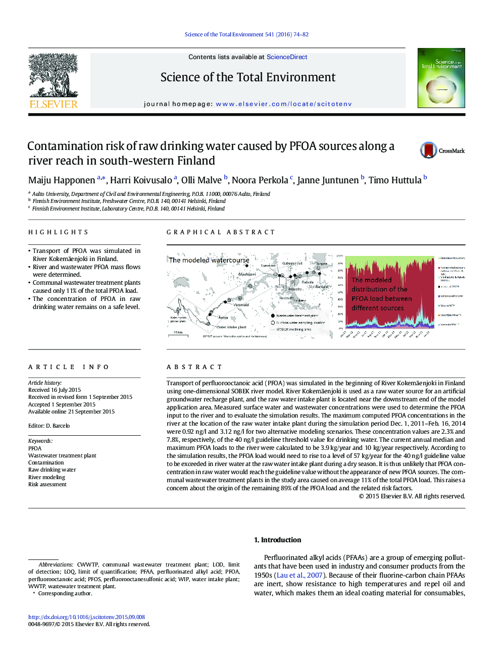 Contamination risk of raw drinking water caused by PFOA sources along a river reach in south-western Finland