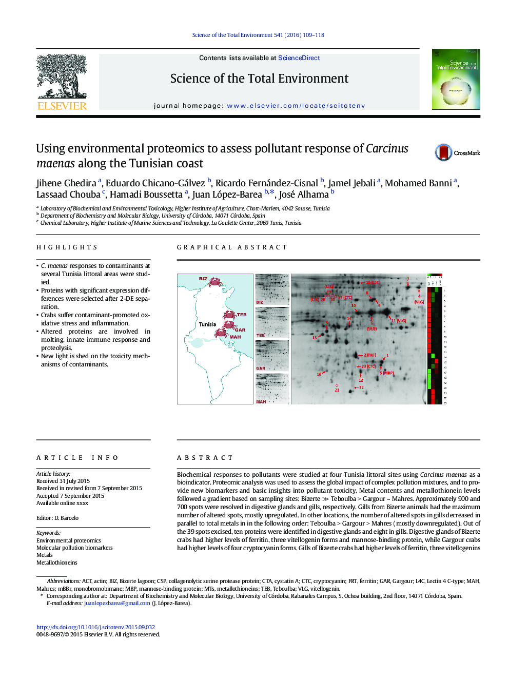 Using environmental proteomics to assess pollutant response of Carcinus maenas along the Tunisian coast