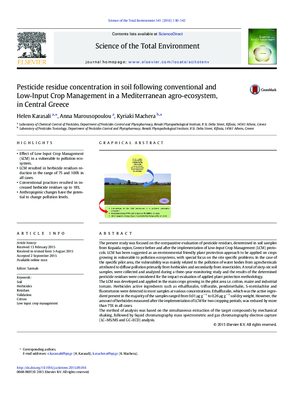 Pesticide residue concentration in soil following conventional and Low-Input Crop Management in a Mediterranean agro-ecosystem, in Central Greece