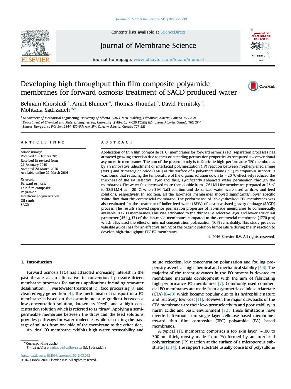 Developing high throughput thin film composite polyamide membranes for forward osmosis treatment of SAGD produced water