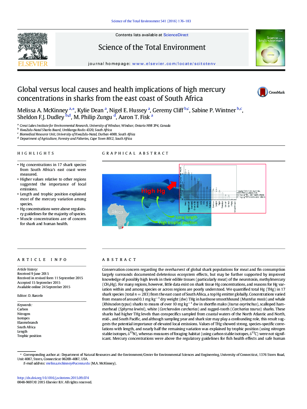 Global versus local causes and health implications of high mercury concentrations in sharks from the east coast of South Africa