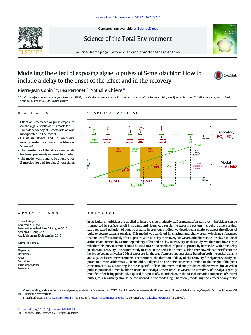 Modelling the effect of exposing algae to pulses of S-metolachlor: How to include a delay to the onset of the effect and in the recovery