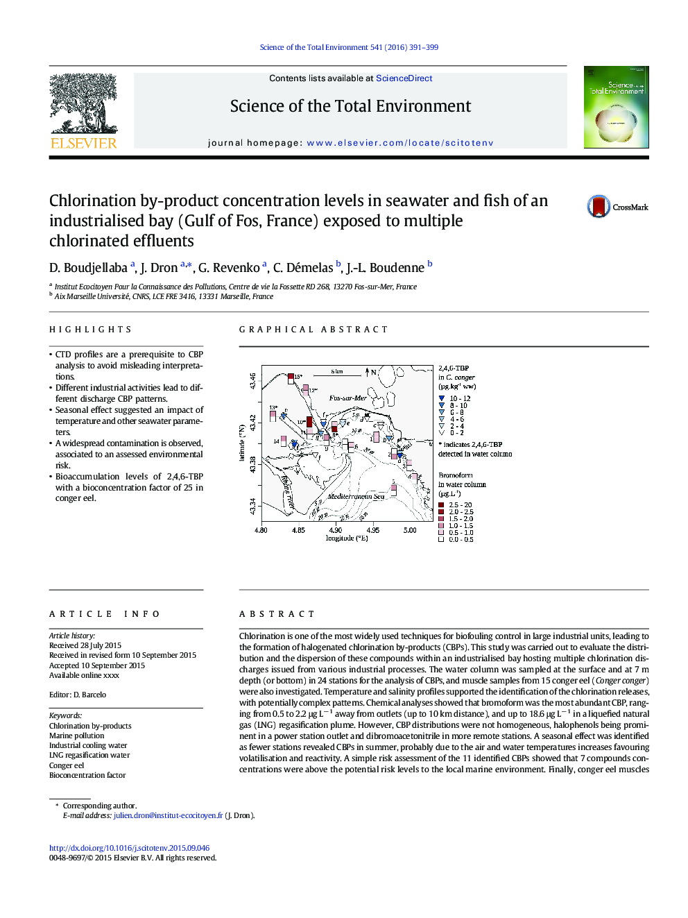 Chlorination by-product concentration levels in seawater and fish of an industrialised bay (Gulf of Fos, France) exposed to multiple chlorinated effluents