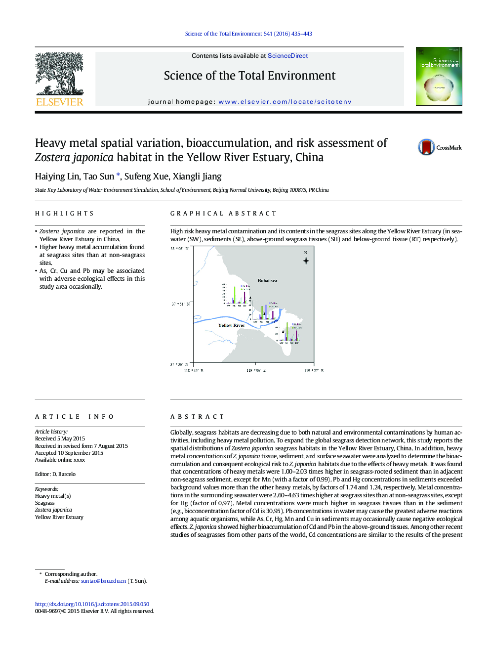 Heavy metal spatial variation, bioaccumulation, and risk assessment of Zostera japonica habitat in the Yellow River Estuary, China