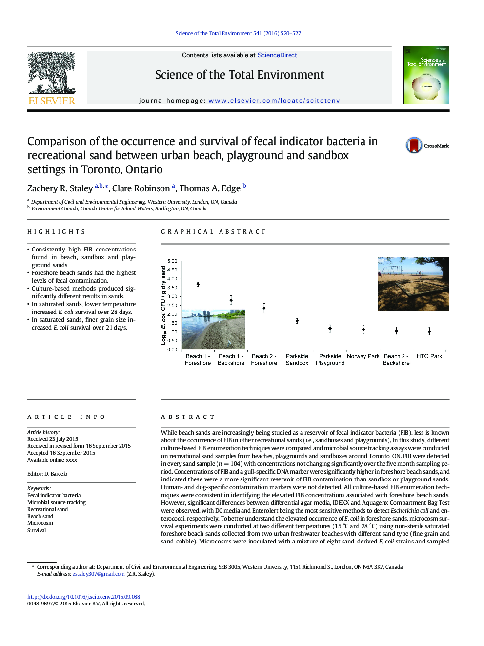مقایسه وقوع و بقای باکتری های شاخص مدفوع در شن و ماسه تفریحی بین ساحل شهری، زمین بازی و امکانات ماسهبازی در تورنتو، انتاریو 