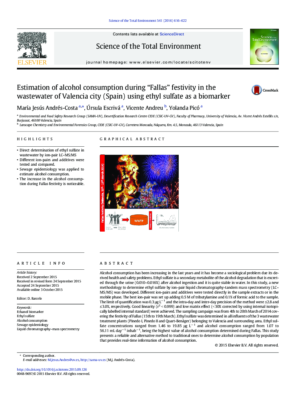 Estimation of alcohol consumption during “Fallas” festivity in the wastewater of Valencia city (Spain) using ethyl sulfate as a biomarker