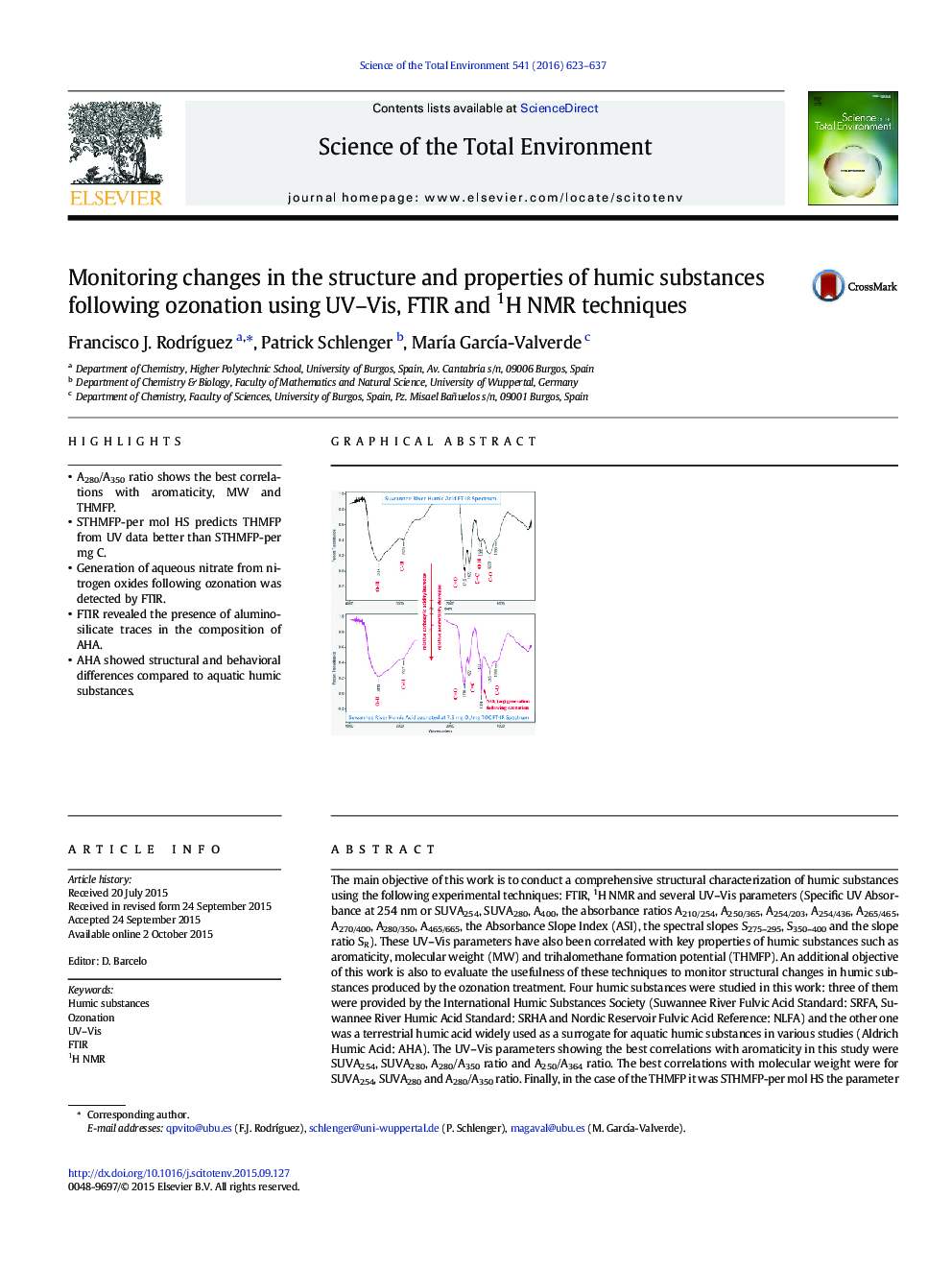 Monitoring changes in the structure and properties of humic substances following ozonation using UV-Vis, FTIR and 1H NMR techniques