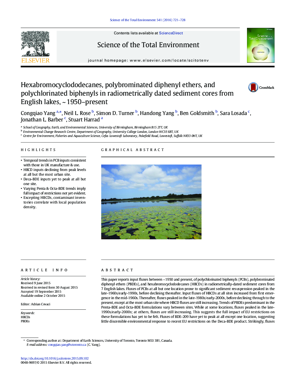 Hexabromocyclododecanes, polybrominated diphenyl ethers, and polychlorinated biphenyls in radiometrically dated sediment cores from English lakes, ~Â 1950-present