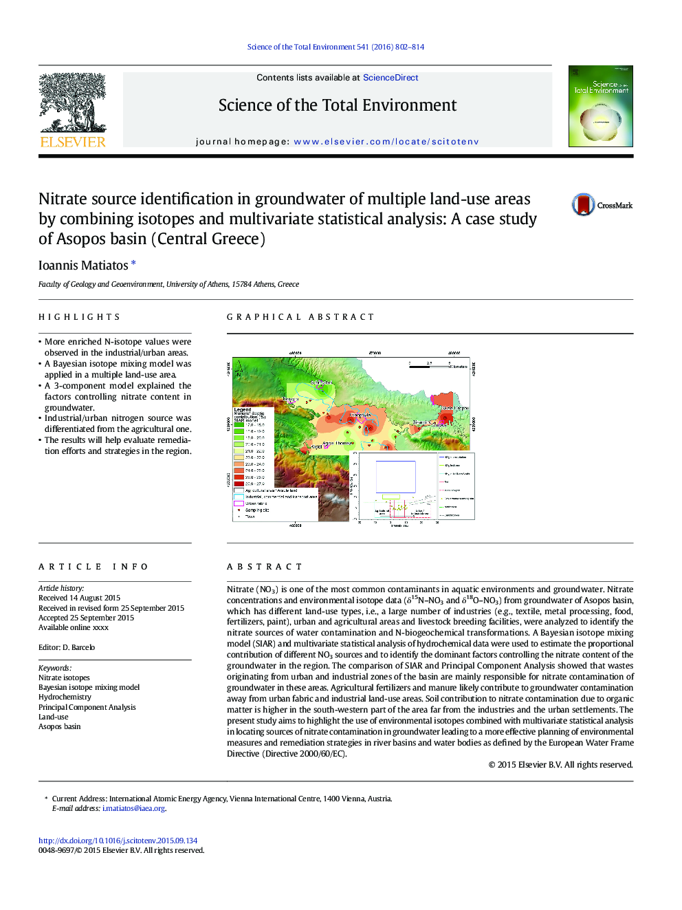 Nitrate source identification in groundwater of multiple land-use areas by combining isotopes and multivariate statistical analysis: A case study of Asopos basin (Central Greece)