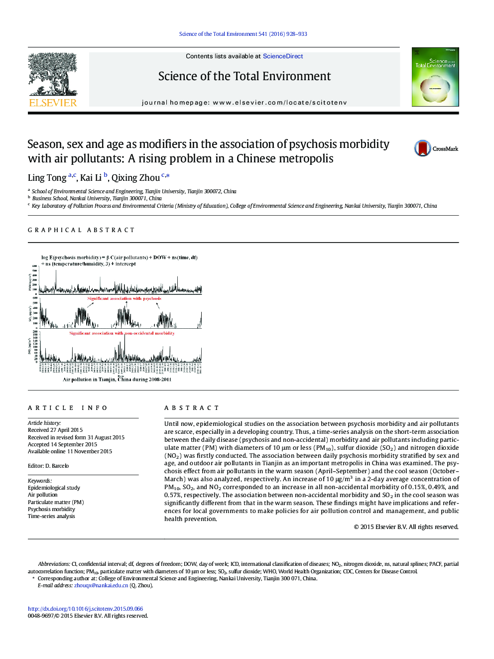 Season, sex and age as modifiers in the association of psychosis morbidity with air pollutants: A rising problem in a Chinese metropolis