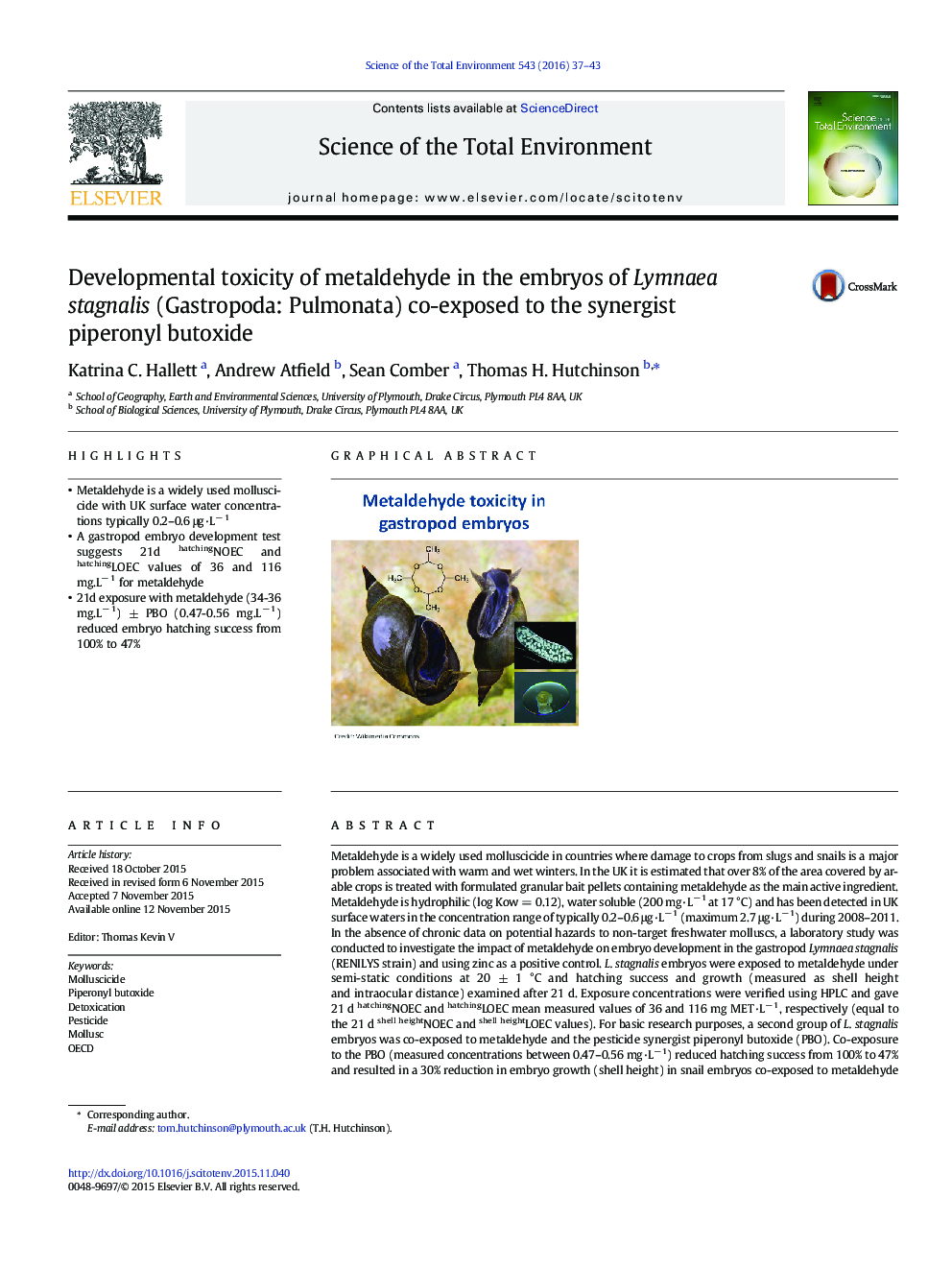 Developmental toxicity of metaldehyde in the embryos of Lymnaea stagnalis (Gastropoda: Pulmonata) co-exposed to the synergist piperonyl butoxide