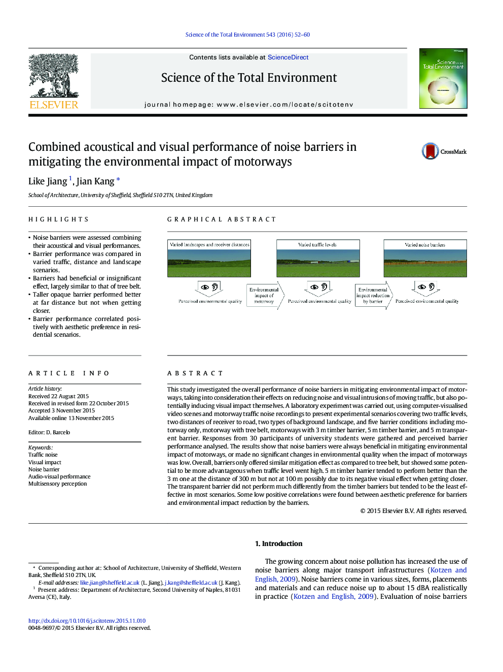 Combined acoustical and visual performance of noise barriers in mitigating the environmental impact of motorways