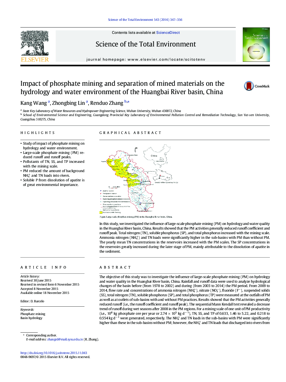 Impact of phosphate mining and separation of mined materials on the hydrology and water environment of the Huangbai River basin, China