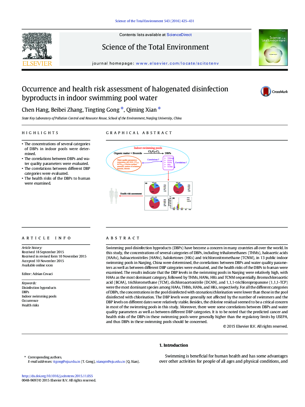 Occurrence and health risk assessment of halogenated disinfection byproducts in indoor swimming pool water