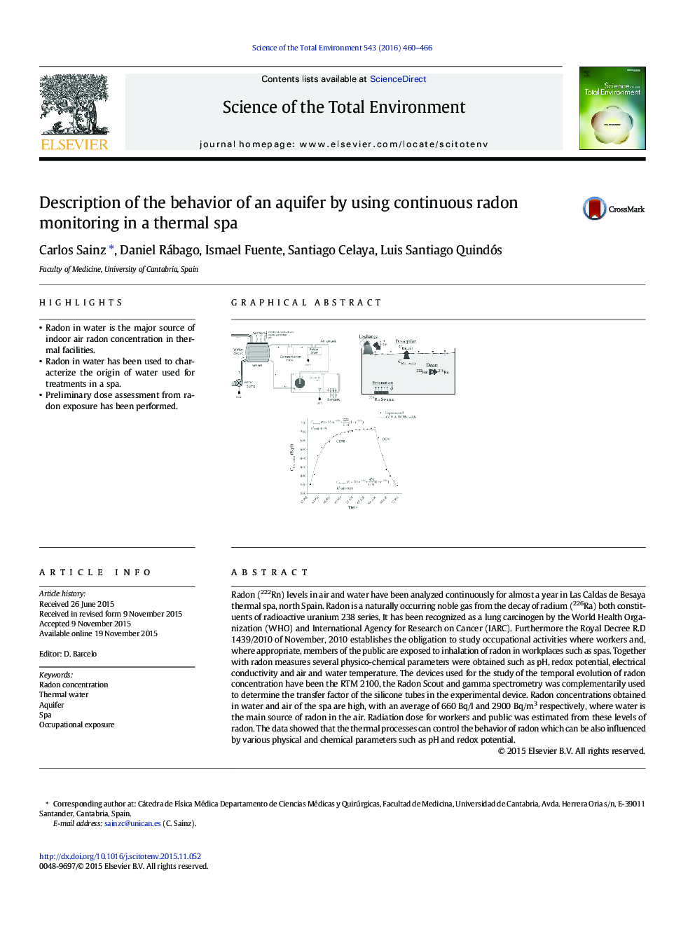 Description of the behavior of an aquifer by using continuous radon monitoring in a thermal spa