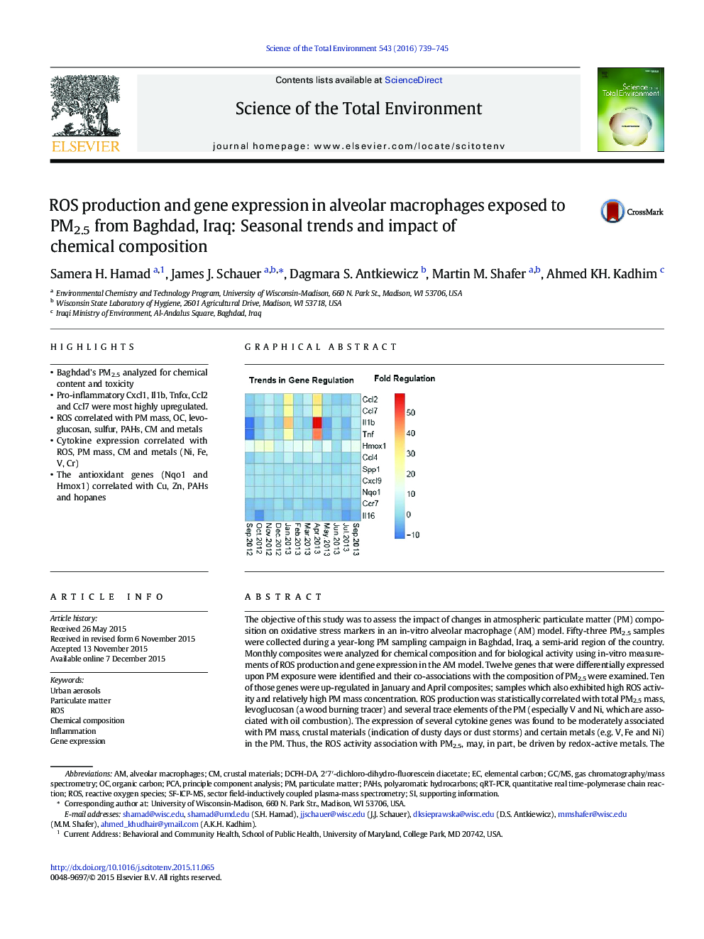 ROS production and gene expression in alveolar macrophages exposed to PM2.5 from Baghdad, Iraq: Seasonal trends and impact of chemical composition