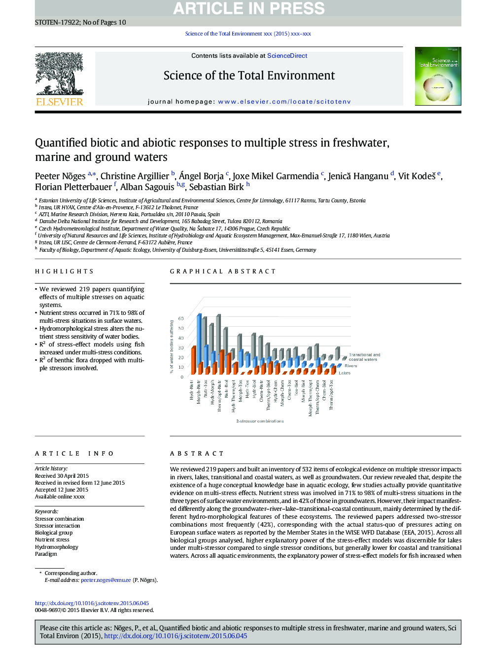 Quantified biotic and abiotic responses to multiple stress in freshwater, marine and ground waters