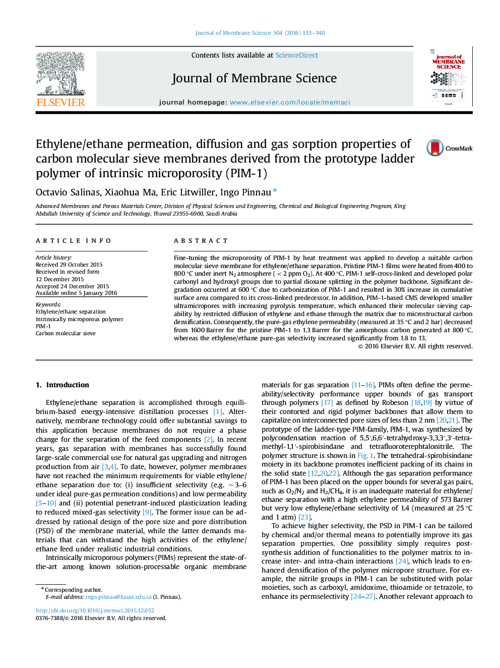 Ethylene/ethane permeation, diffusion and gas sorption properties of carbon molecular sieve membranes derived from the prototype ladder polymer of intrinsic microporosity (PIM-1)