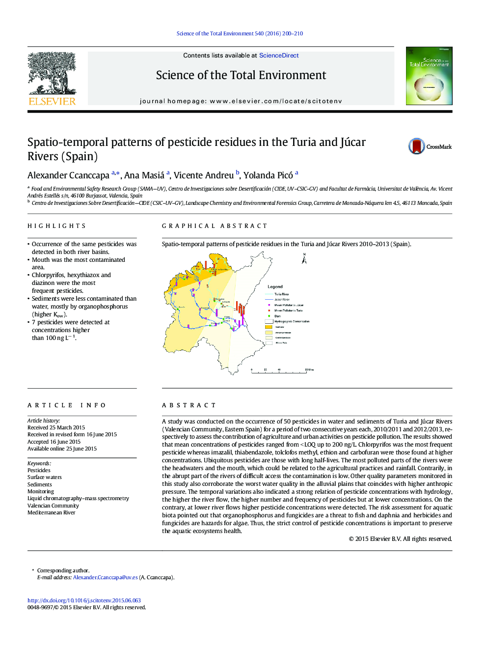 Spatio-temporal patterns of pesticide residues in the Turia and Júcar Rivers (Spain)