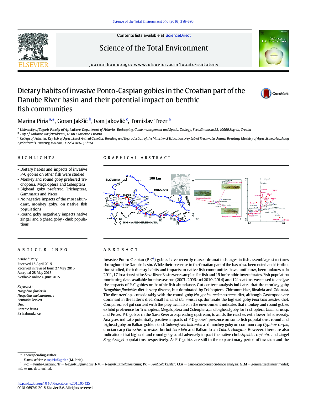 Dietary habits of invasive Ponto-Caspian gobies in the Croatian part of the Danube River basin and their potential impact on benthic fish communities