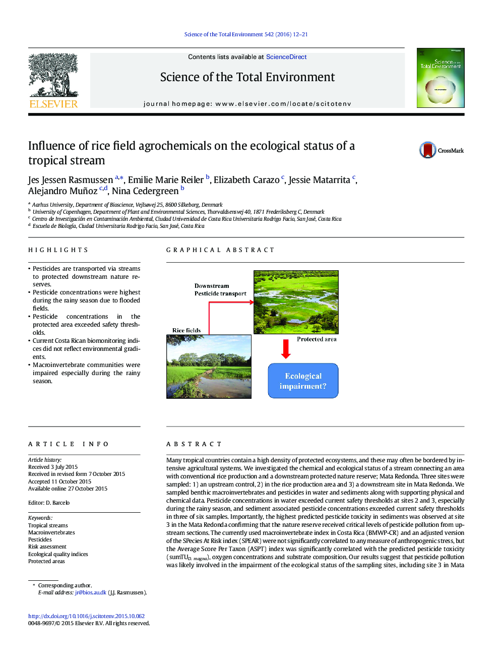 Influence of rice field agrochemicals on the ecological status of a tropical stream