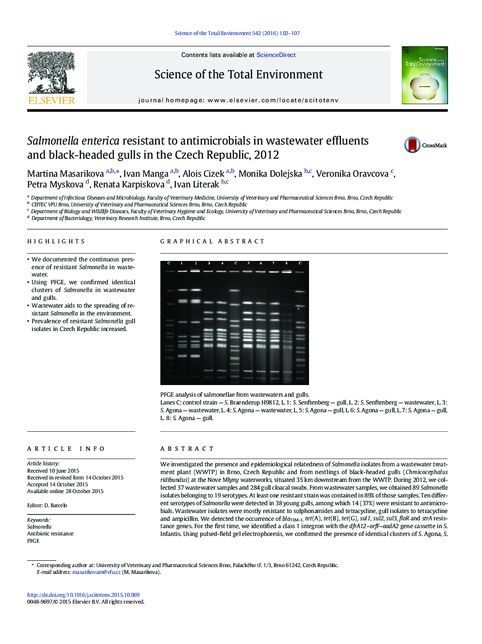 Salmonella enterica resistant to antimicrobials in wastewater effluents and black-headed gulls in the Czech Republic, 2012