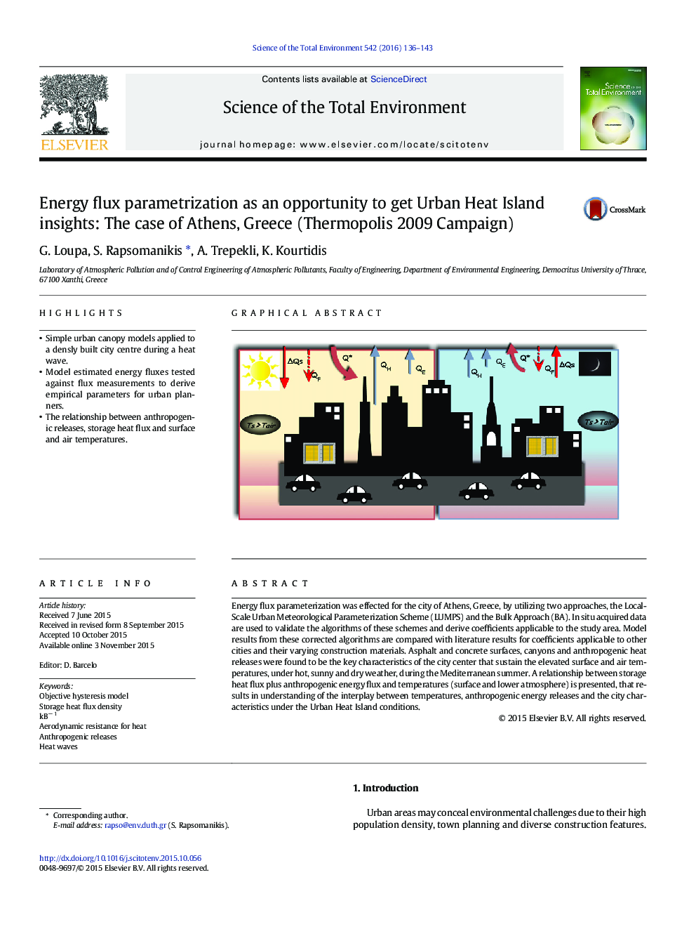 Energy flux parametrization as an opportunity to get Urban Heat Island insights: The case of Athens, Greece (Thermopolis 2009 Campaign)