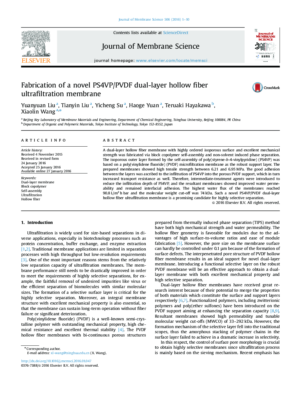 Fabrication of a novel PS4VP/PVDF dual-layer hollow fiber ultrafiltration membrane