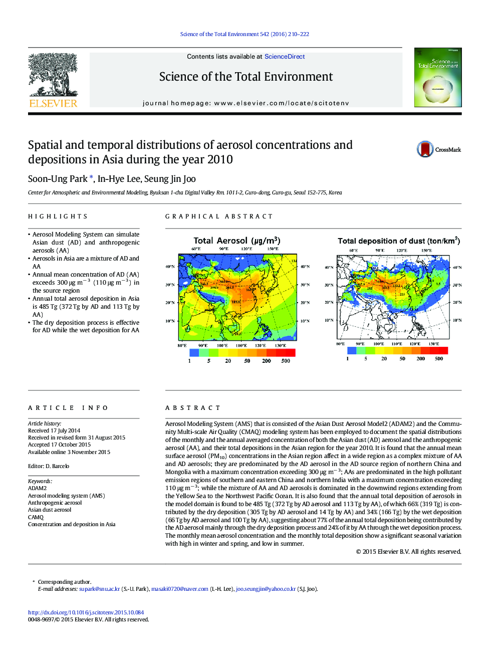 Spatial and temporal distributions of aerosol concentrations and depositions in Asia during the year 2010
