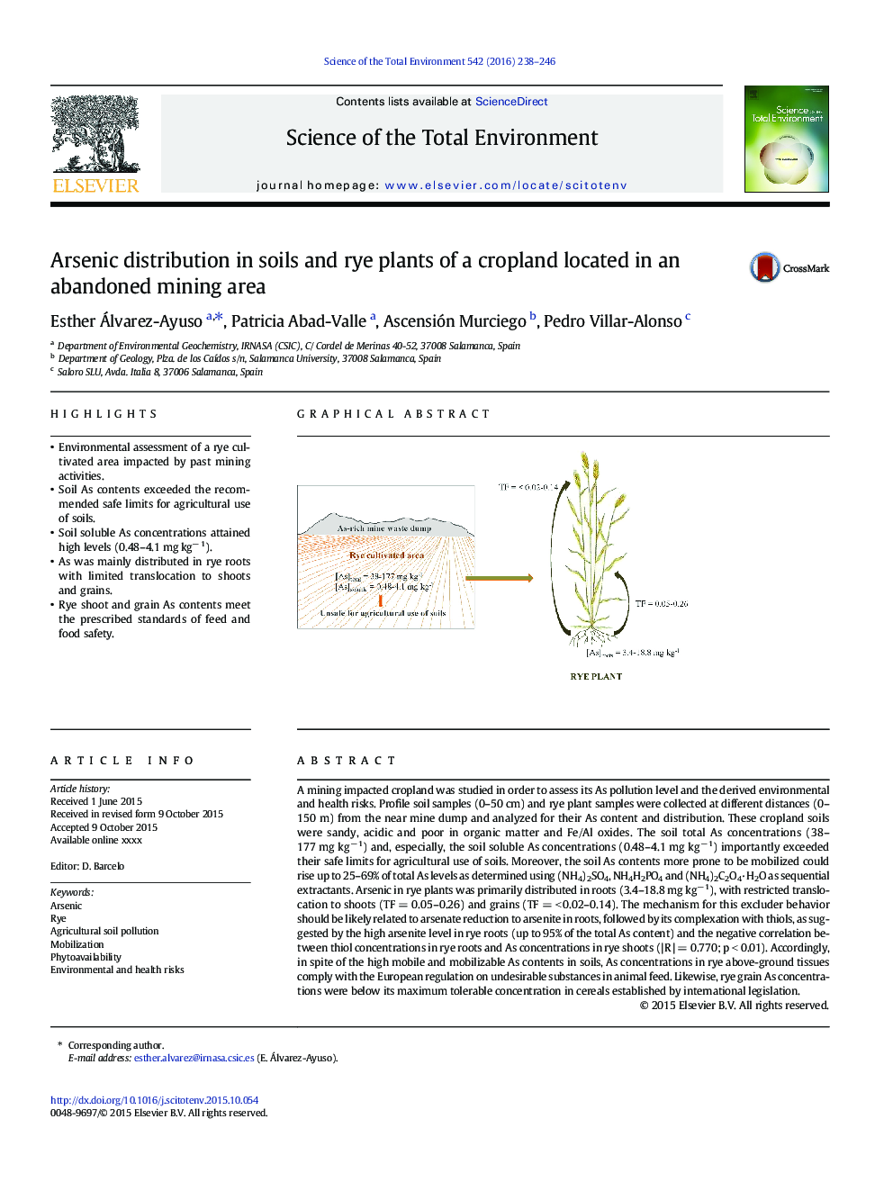 Arsenic distribution in soils and rye plants of a cropland located in an abandoned mining area