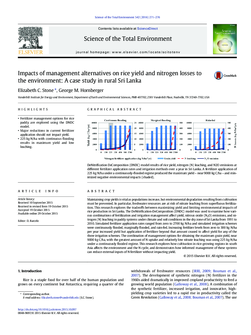 Impacts of management alternatives on rice yield and nitrogen losses to the environment: A case study in rural Sri Lanka