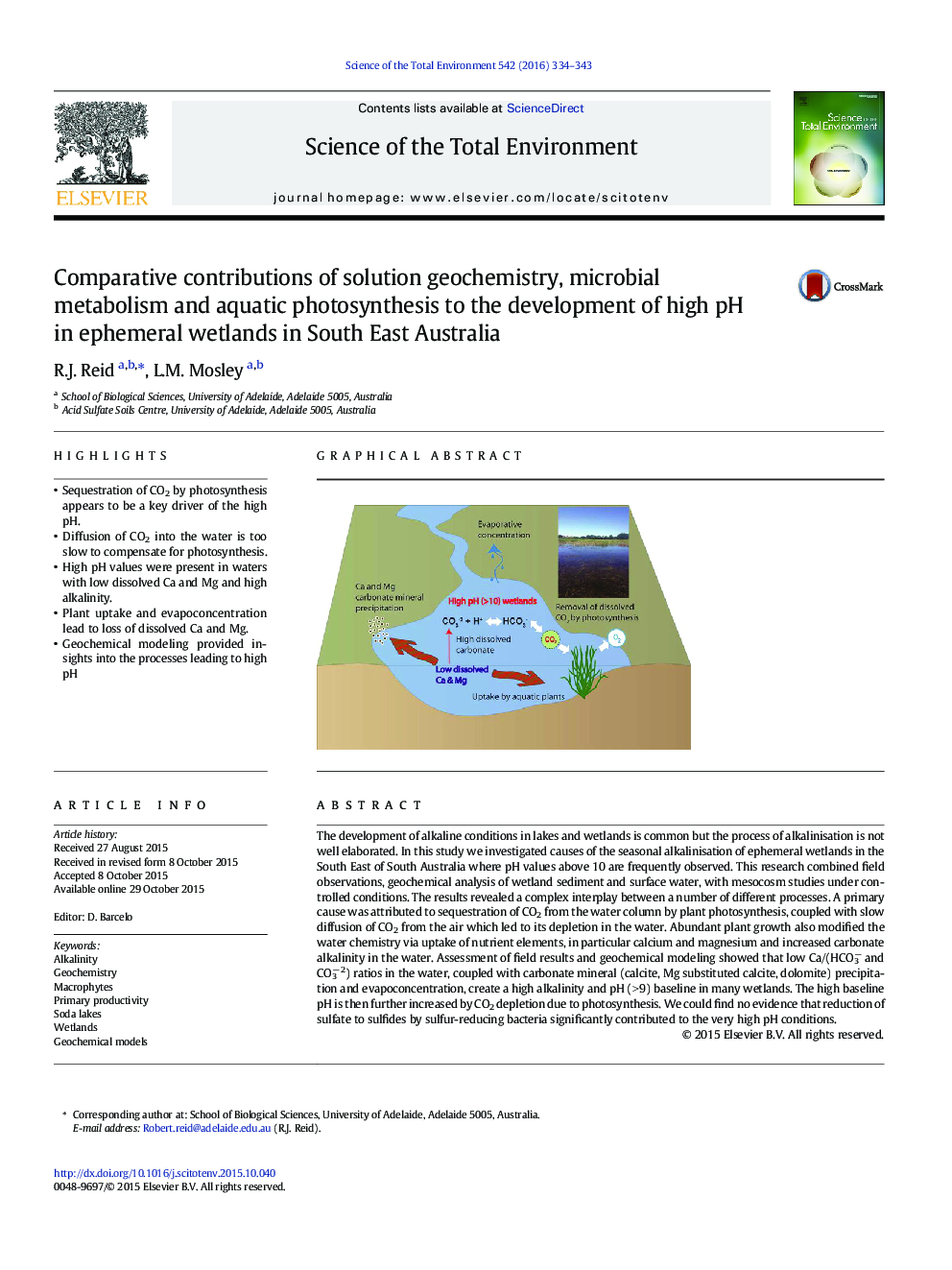 Comparative contributions of solution geochemistry, microbial metabolism and aquatic photosynthesis to the development of high pH in ephemeral wetlands in South East Australia