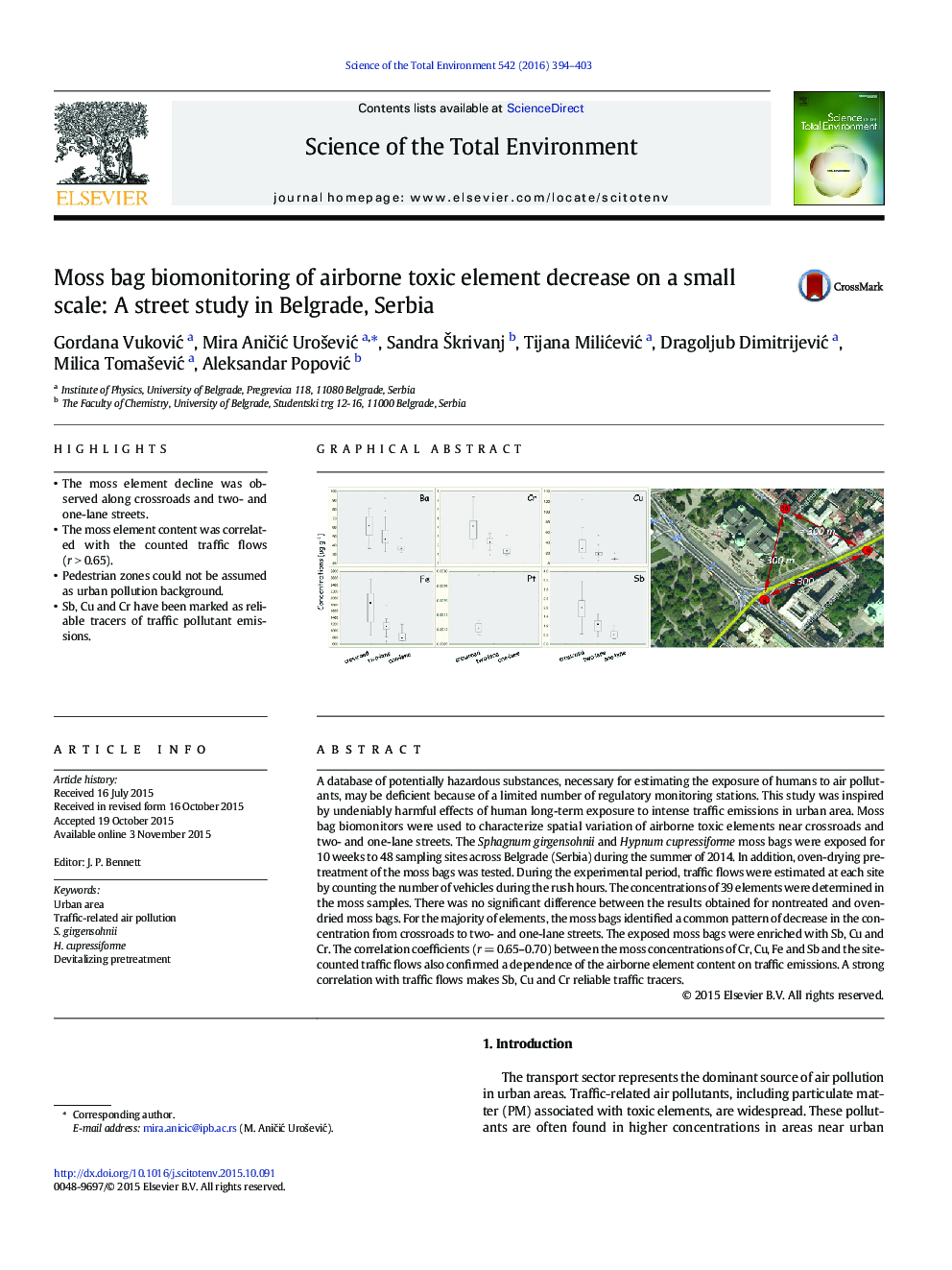 Moss bag biomonitoring of airborne toxic element decrease on a small scale: A street study in Belgrade, Serbia