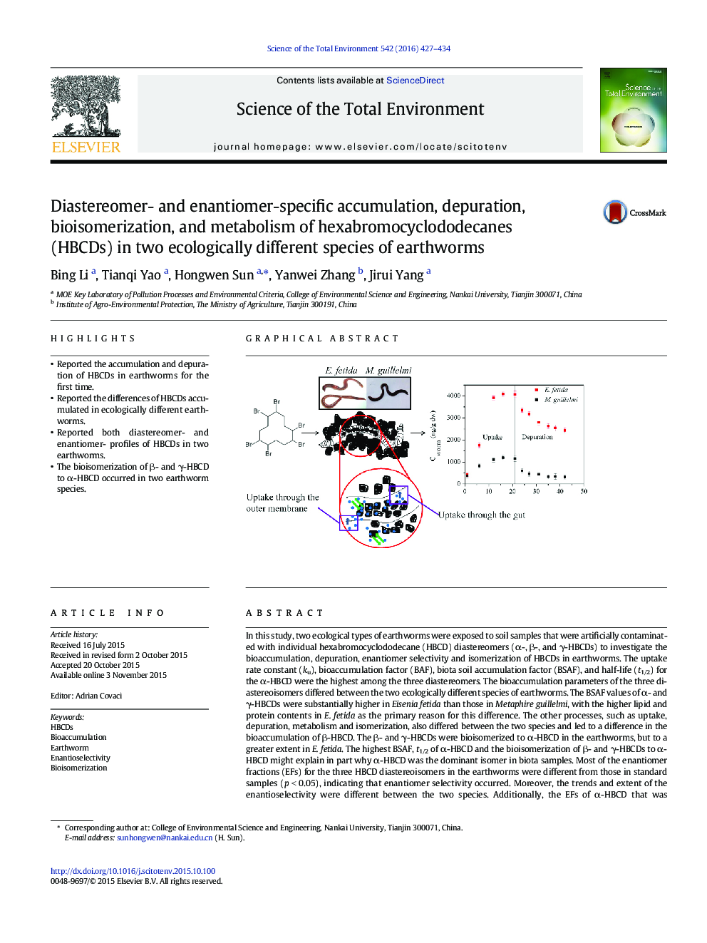 Diastereomer- and enantiomer-specific accumulation, depuration, bioisomerization, and metabolism of hexabromocyclododecanes (HBCDs) in two ecologically different species of earthworms