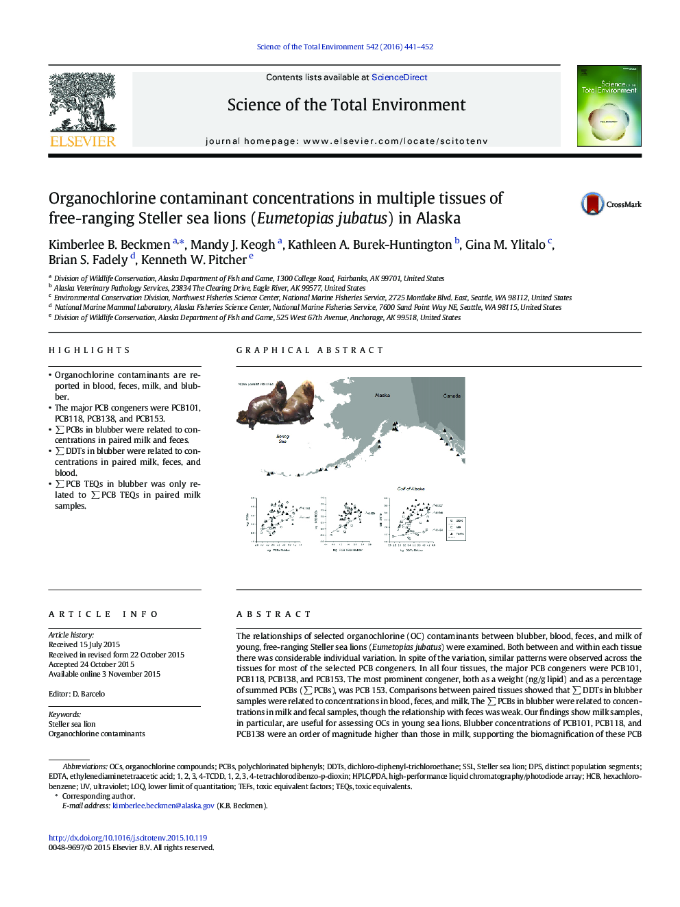 Organochlorine contaminant concentrations in multiple tissues of free-ranging Steller sea lions (Eumetopias jubatus) in Alaska