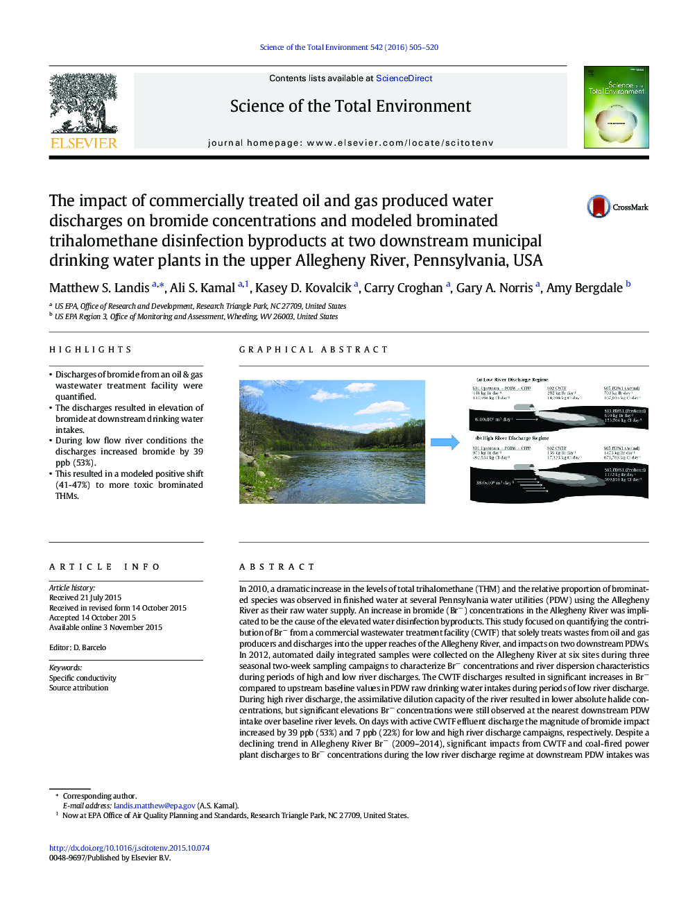 The impact of commercially treated oil and gas produced water discharges on bromide concentrations and modeled brominated trihalomethane disinfection byproducts at two downstream municipal drinking water plants in the upper Allegheny River, Pennsylvania, 